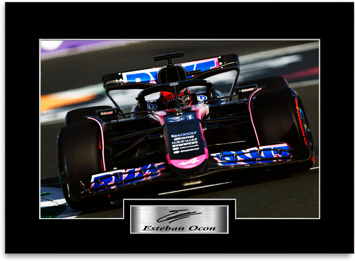 Esteban Ocon Formula 1 Driver 2024 mounted display by LJW Prints