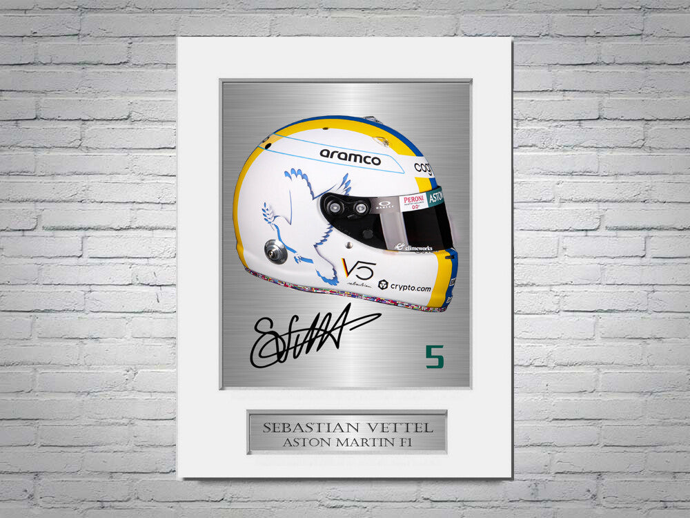 Sebastian Vettel Formula 1 2022 Peace Helmet Signed Photo Display Mount A4