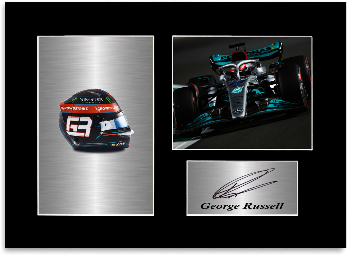 George Russell Formula 1 Driver 2022 Car Helmet Signed Photo Display Mount A4