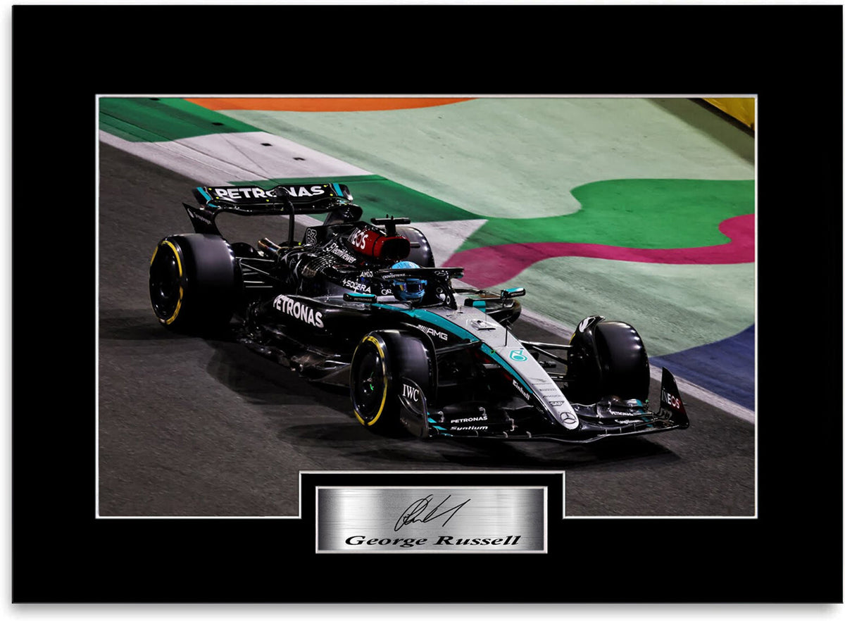 George Russell Meredes F1 Driver 2024 mounted display by LJW Prints