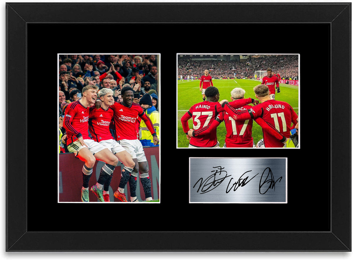 Mainoo Garnacho Hojlund Man United Players framed print by LJW Prints