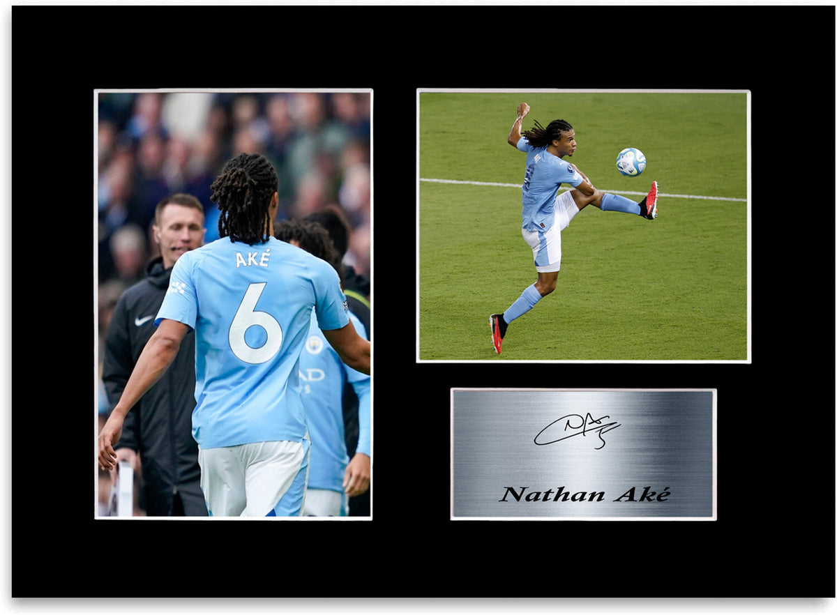 Nathan Ake Man City Player mounted display by LJW Prints