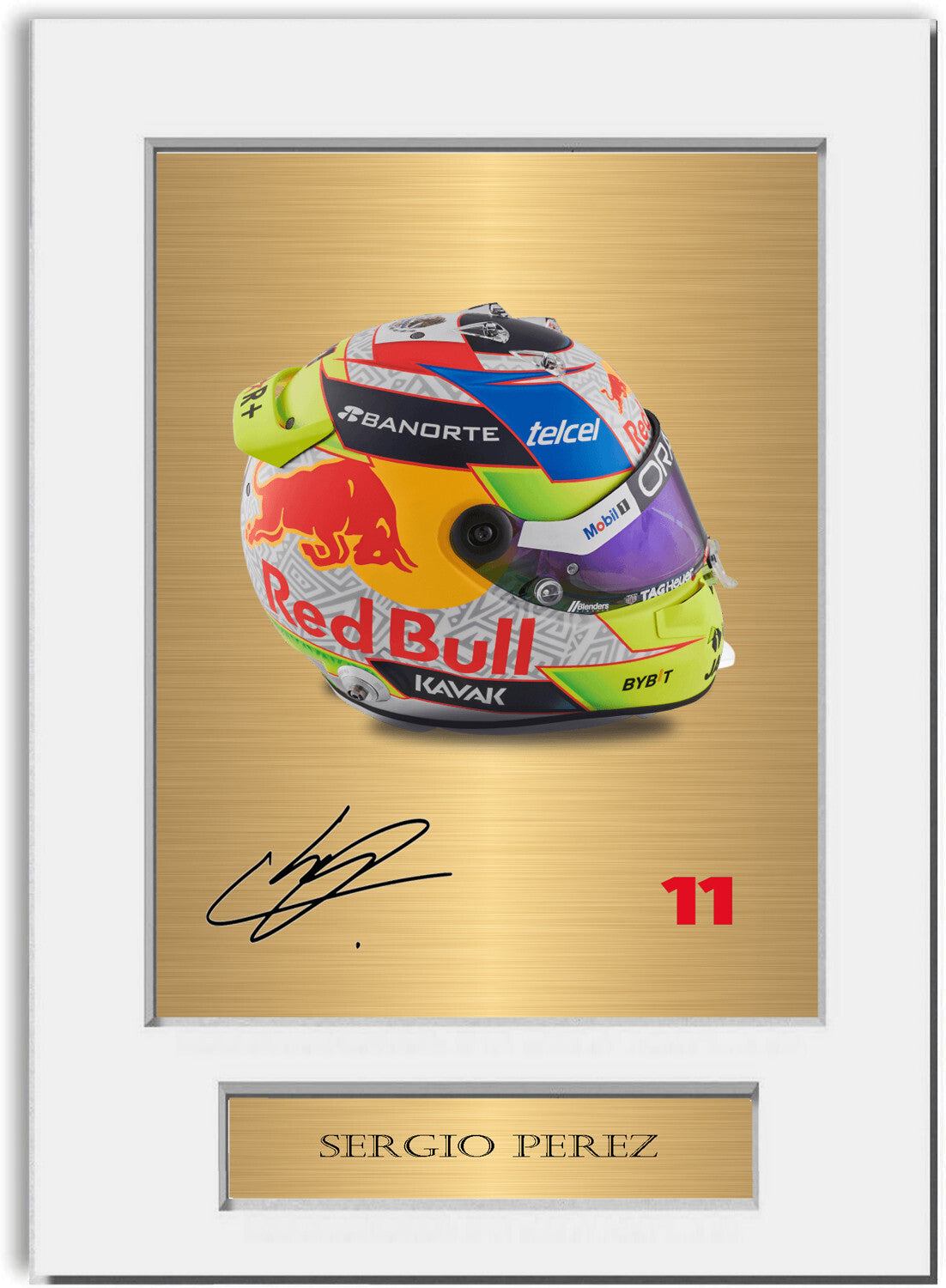 Sergio Perez Red Bull F1 Driver Helmet 2023 Signed Photo Display Mount A4