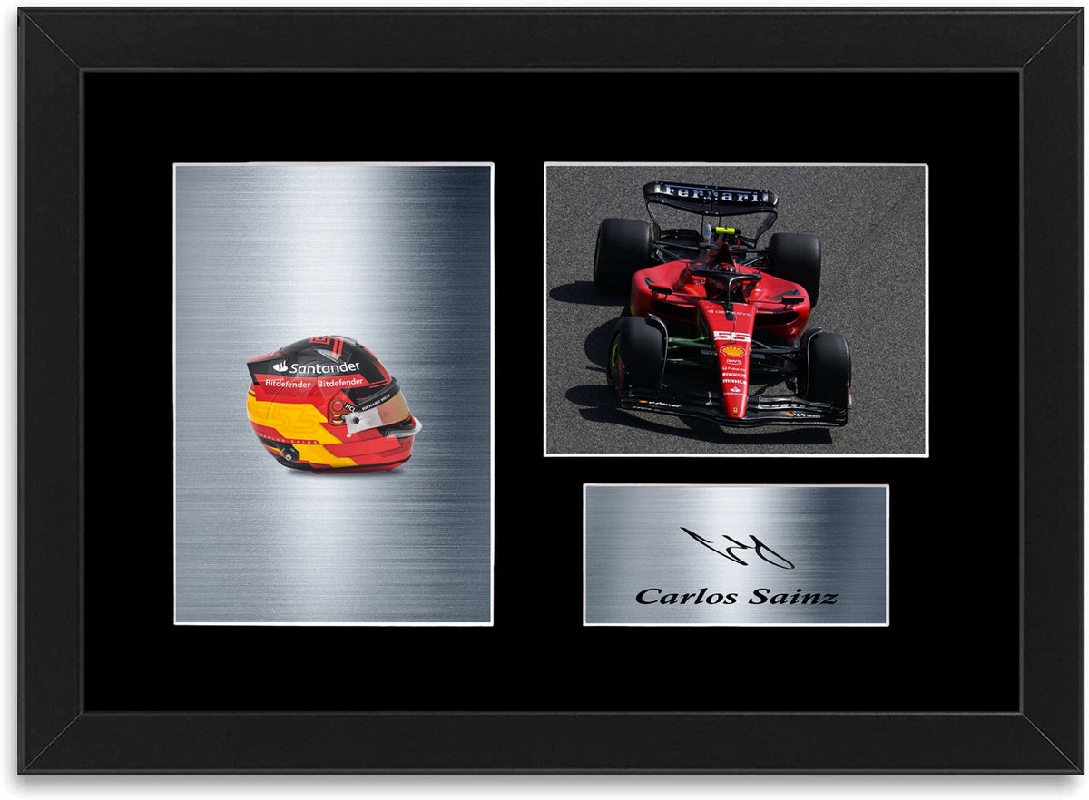 Carlos Sainz Ferrari F1 Driver 2023 Helmet Signed Photo Display Mount A4 Framed