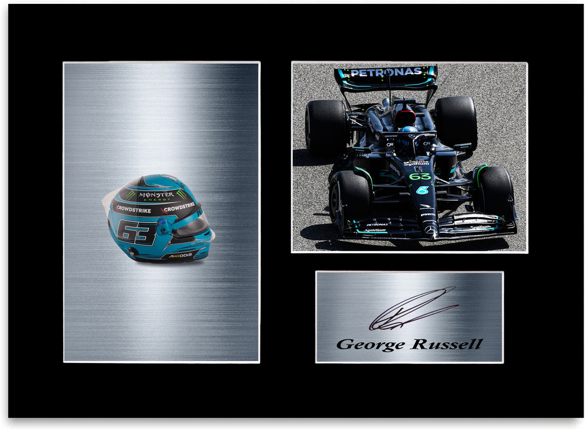 George Russell Formula 1 Driver 2023 Car Helmet Signed Photo Display Mount A4