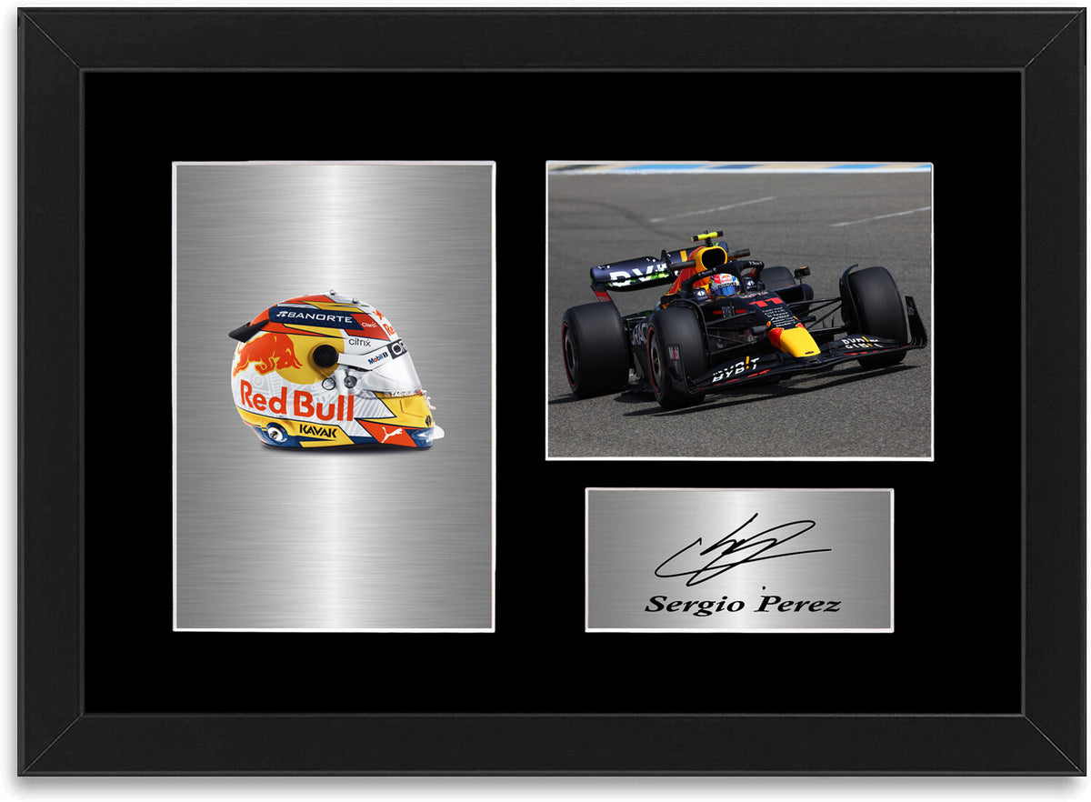 Sergio Perez Formula 1 2022 Car Helmet Signed A4 Photo Display Mount Framed