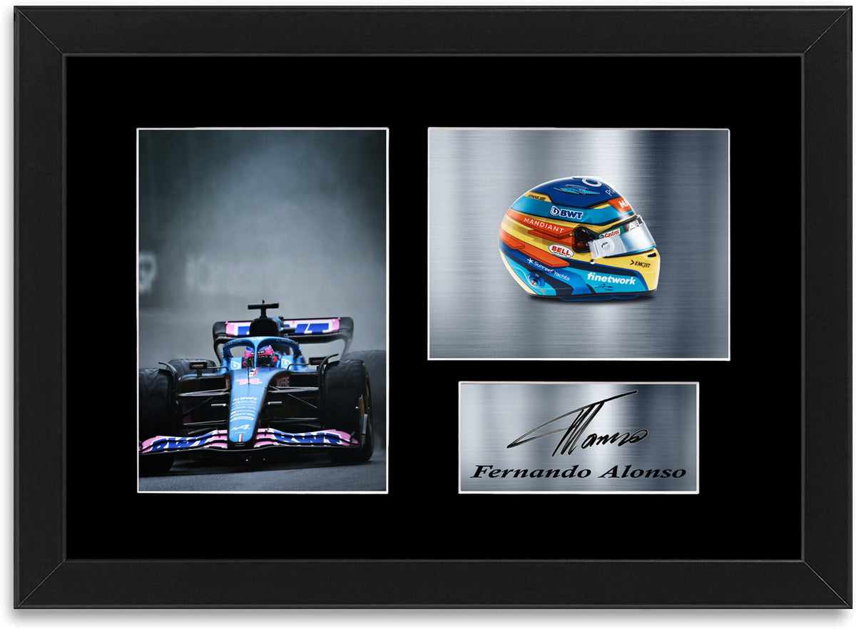 Fernando Alonso Alpine F1 2022 Car Helmet Signed Photo Display Mount A4 Framed 1
