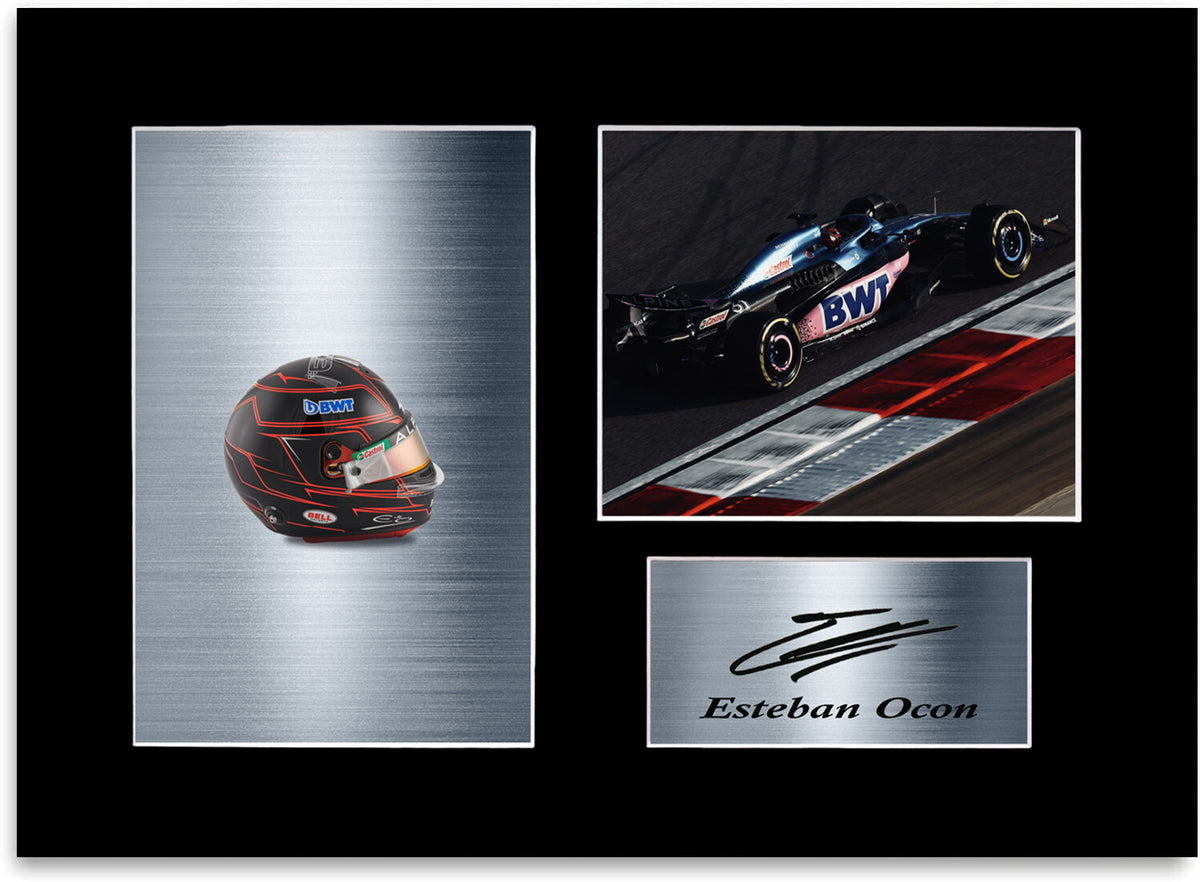 Esteban Ocon F1 Driver 2023 Car Helmet Signed Photo Display Mount A4