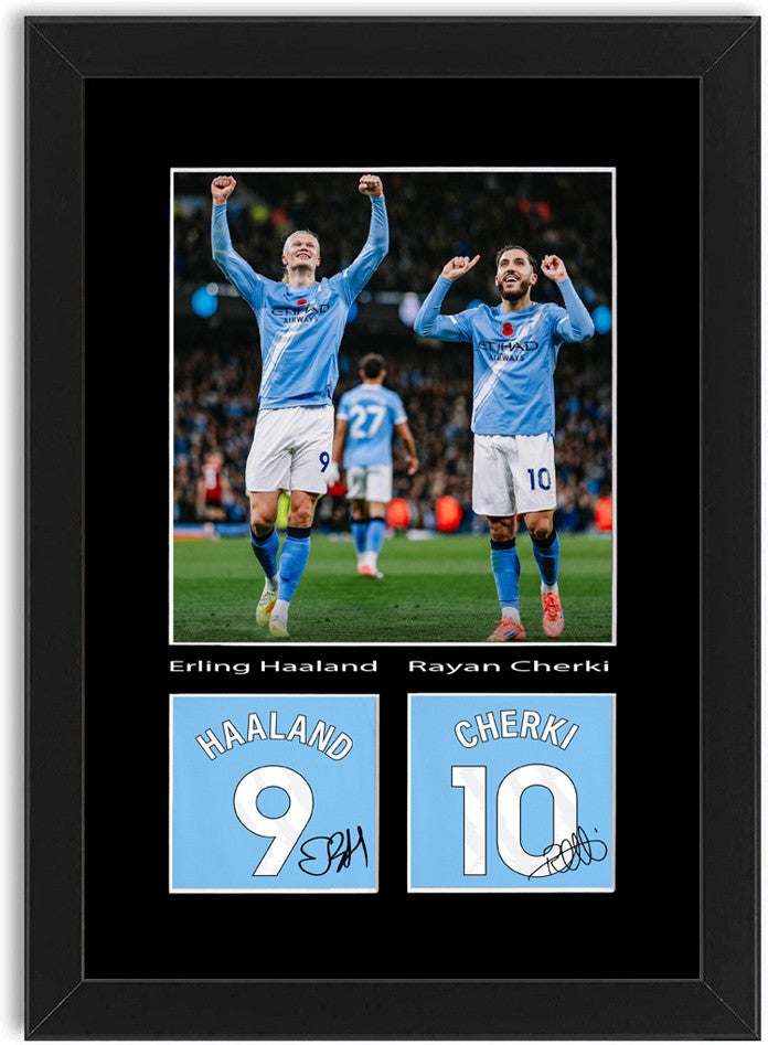 Haaland And Cherki Football Poster Signed Print Photo A4 Wall Art Framed