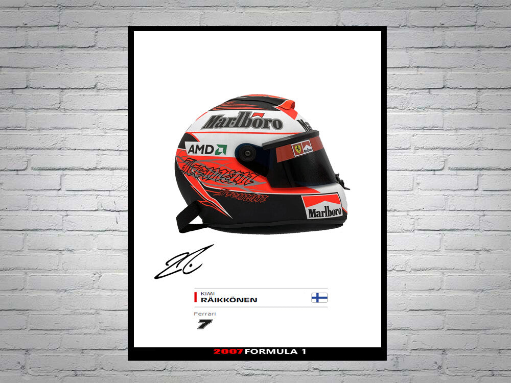 Kimi Raikkonen Ferrari F1 Formula 1 2007 Champion Helmet Signed Poster A4