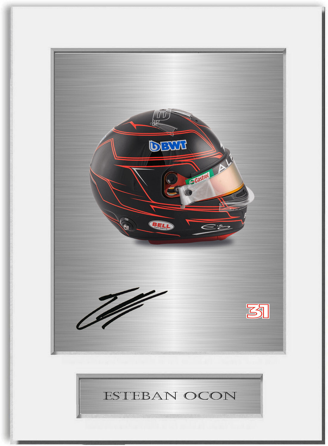 Esteban Ocon Formula 1 Driver 2023 Helmet Signed Photo Display Mount A4