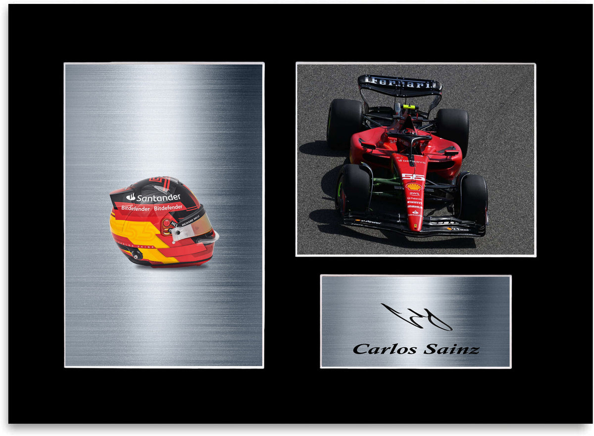 Carlos Sainz Ferrari F1 Driver 2023 Car Helmet Signed Photo Display Mount A4