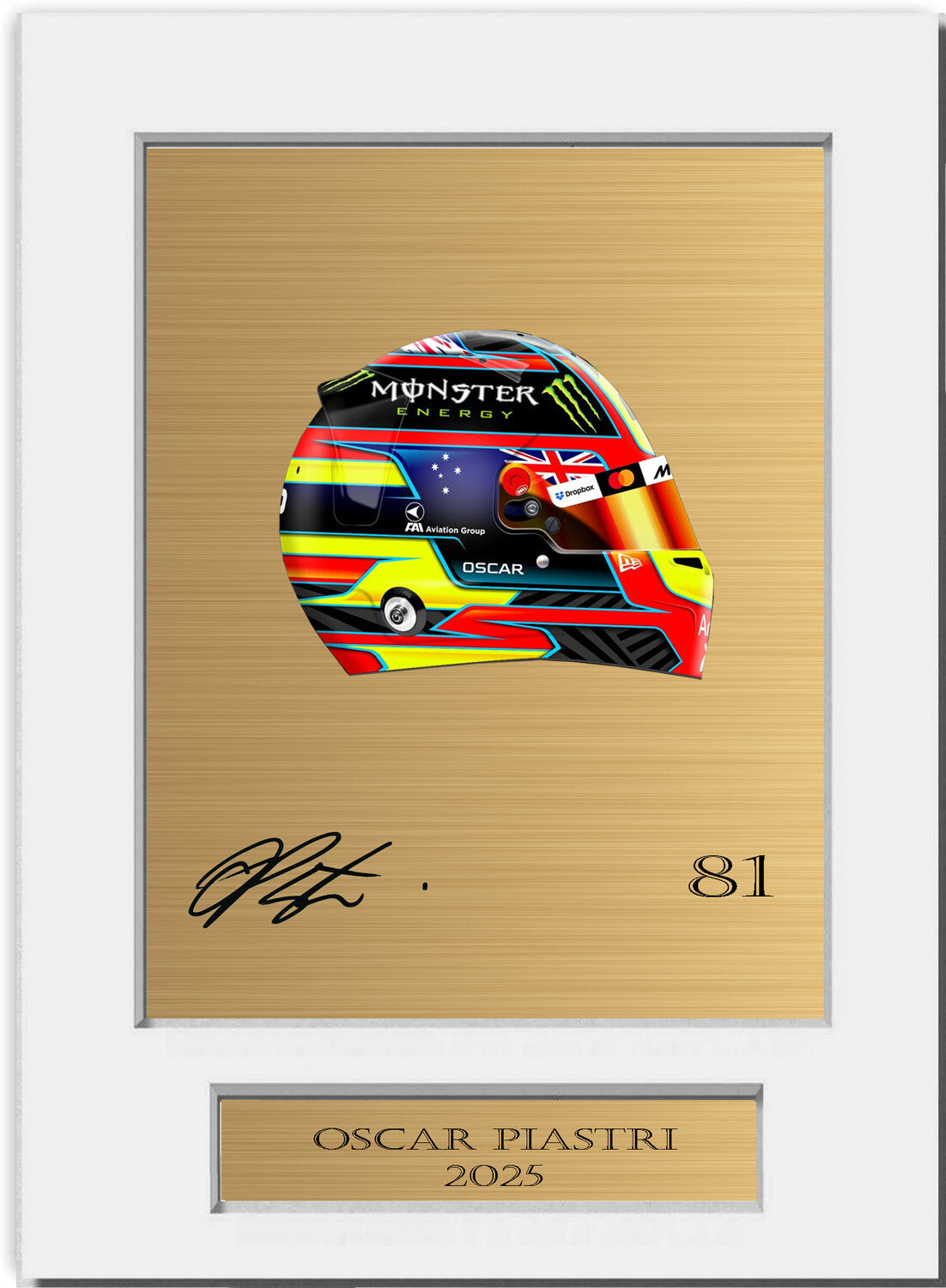 Oscar Piastri 2025 Helmet For F1 Fans mounted display by LJW Prints