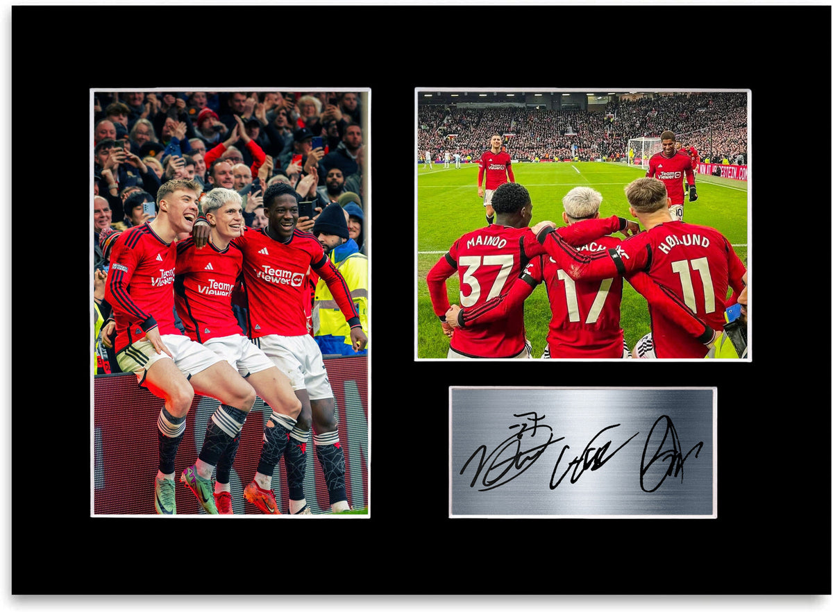 Mainoo Garnacho Hojlund Man United Players mounted display by LJW Prints