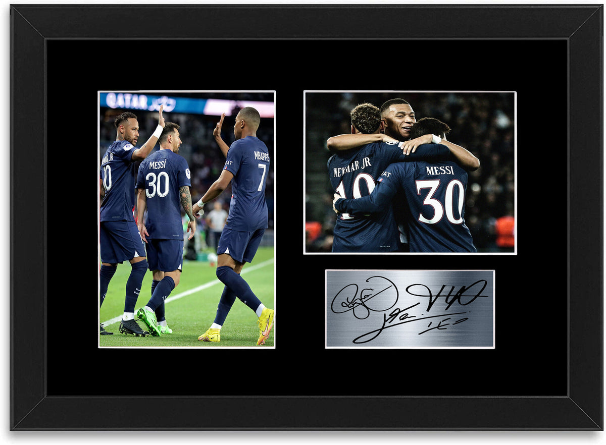 Lionel Messi Neymar Kylian Mbappé PSG Players Signed Photo Display Framed Poster