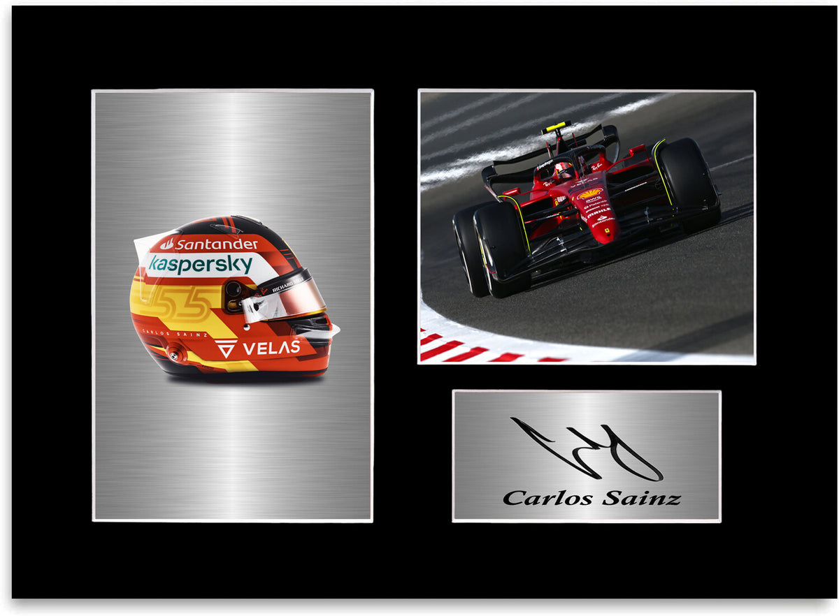 Carlos Sainz Ferrari F1 Driver 2022 Car Helmet Signed Photo Display Mount A4 
