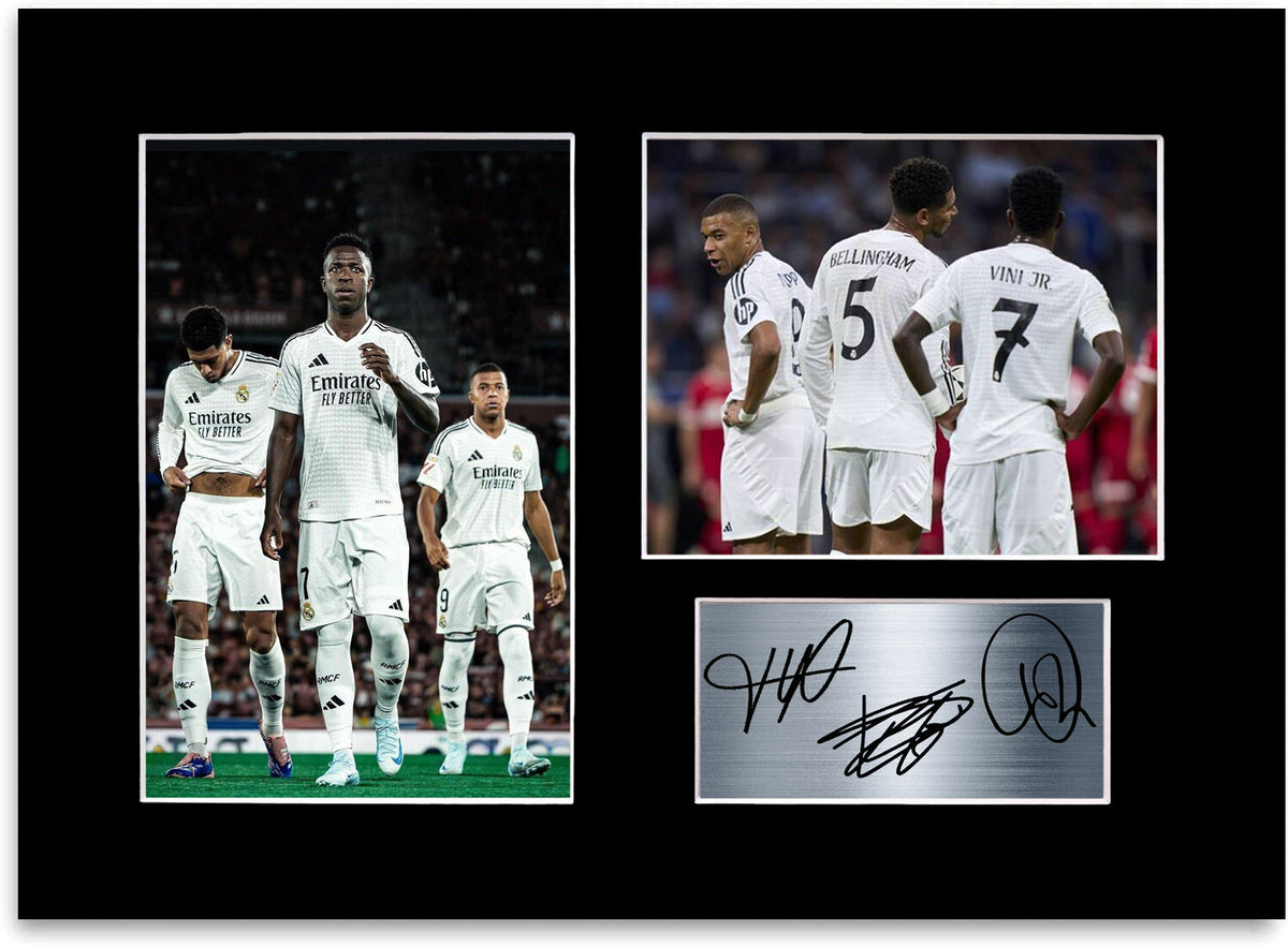 Bellingham Mbappe Vini Jr Real Madrid Players mounted display by LJW Prints