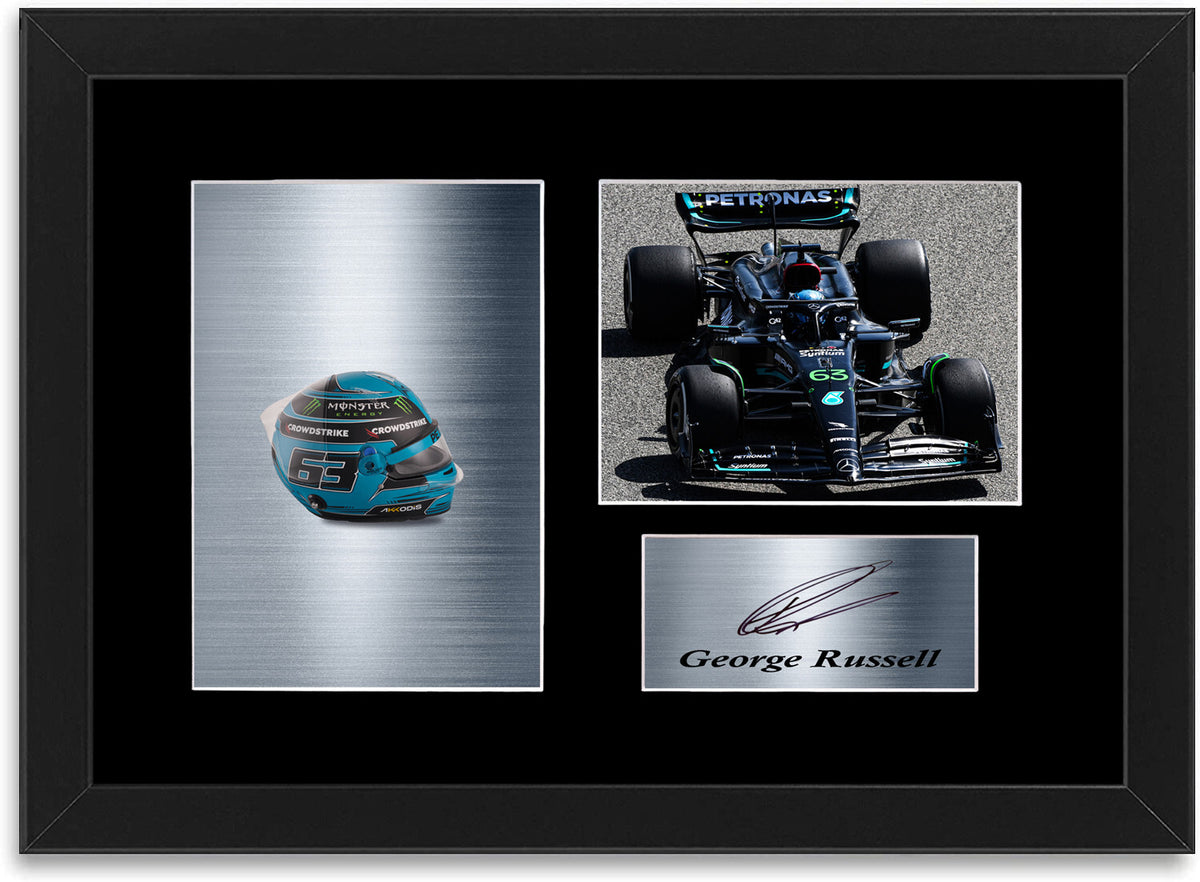 George Russell Formula 1 Driver 2023 Helmet Signed Photo Display Mount A4 Framed