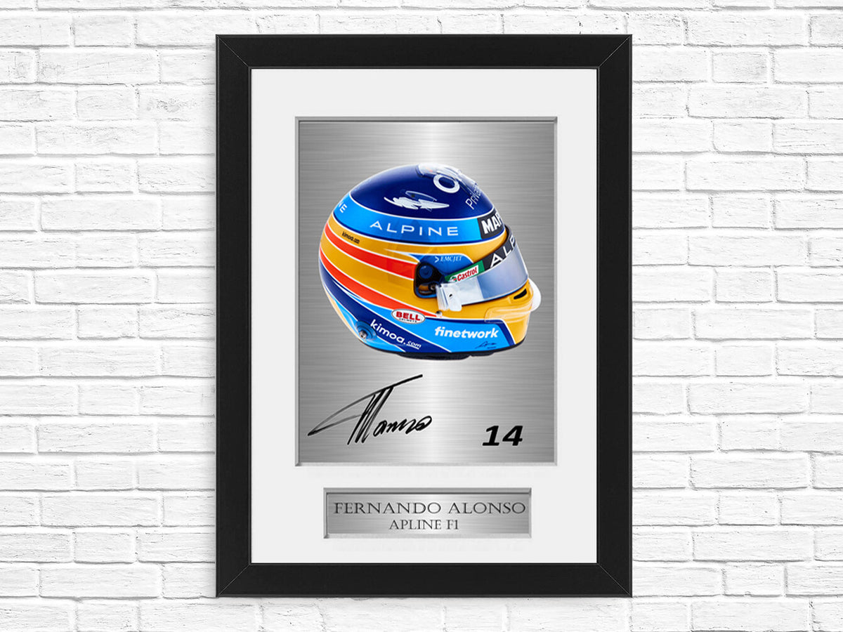 Fernando Alonso Alpine F1 Formula 1 2021 Helmet Signed Poster A4 Black Framed