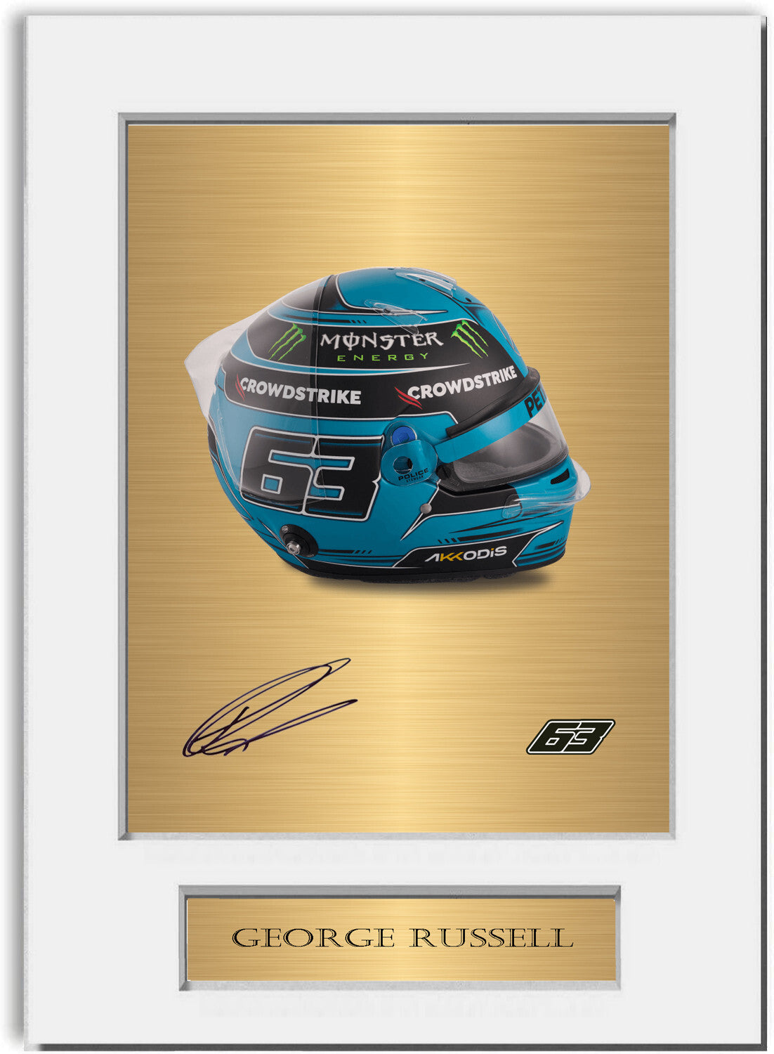 George Russell Formula 1 Driver 2023 Helmet Signed Photo Display Mount A4