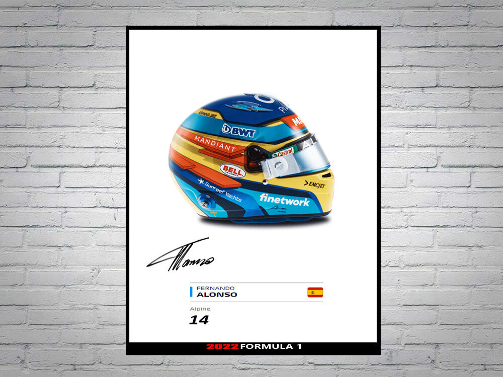 Fernando Alonso Alpine F1 Formula 1 2022 Helmet Signed Poster A4