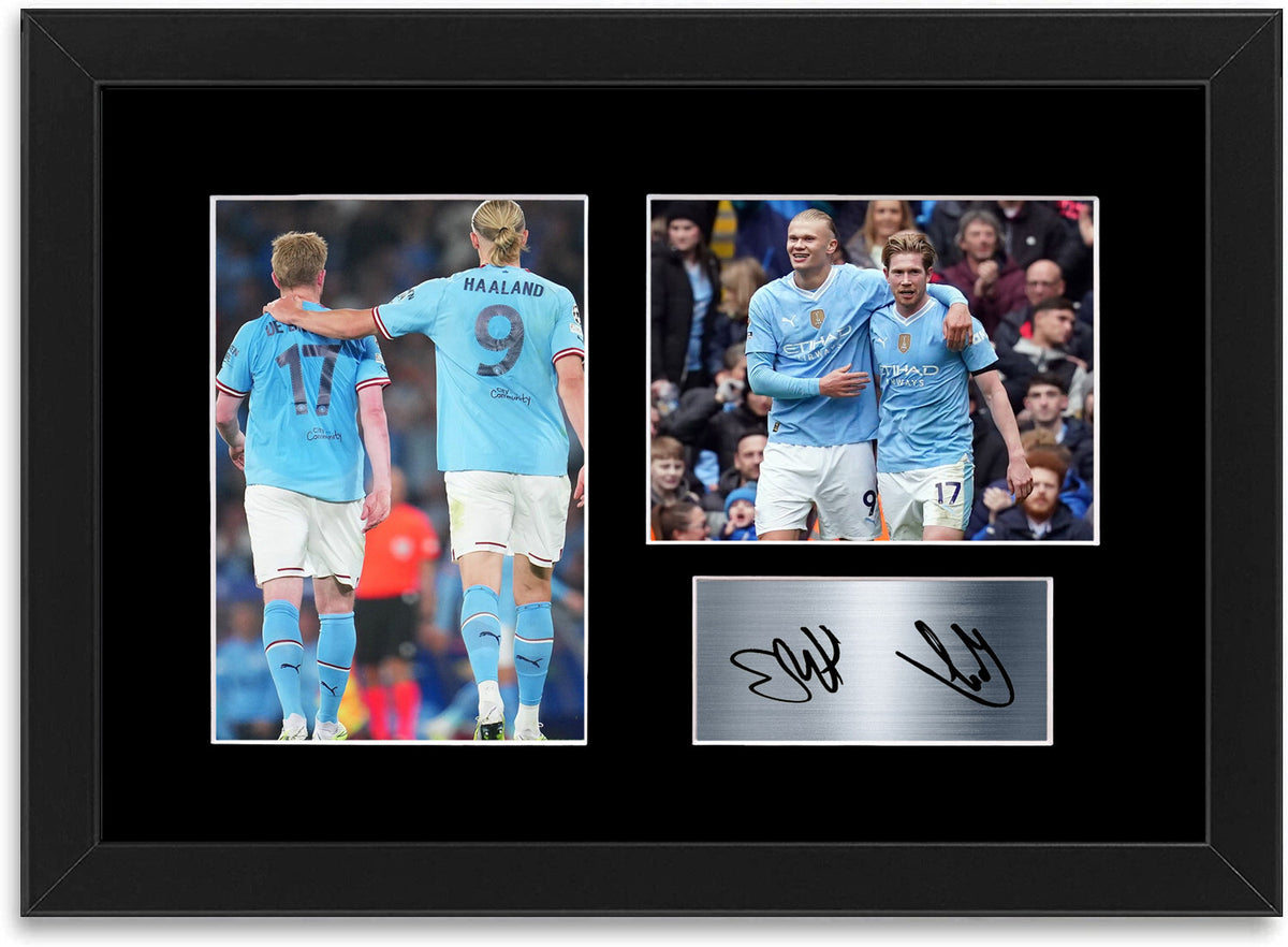 Erling Haaland Kevin De Bruyne Man City framed print by LJW Prints