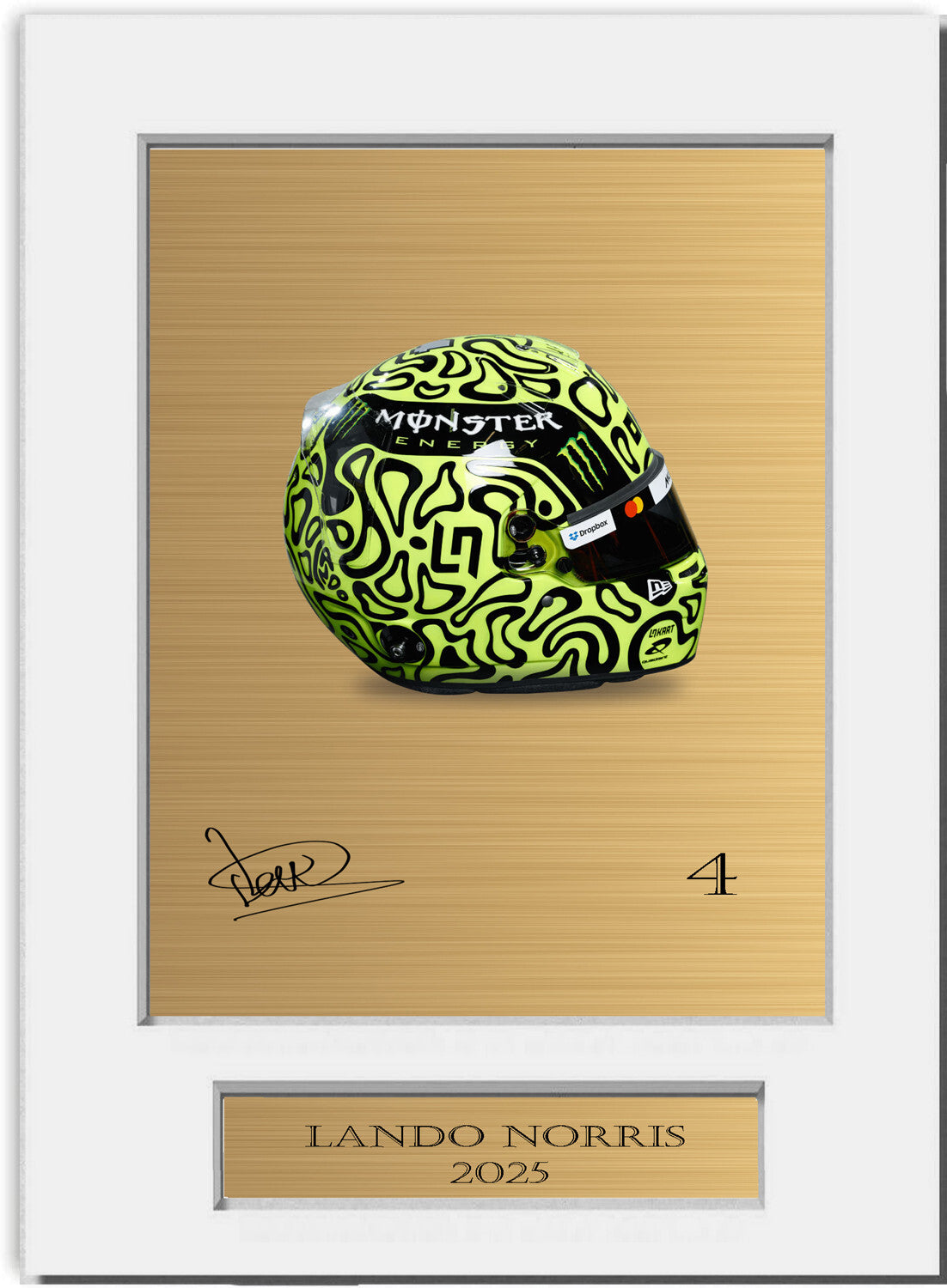 Lando Norris 2025 Helmet For F1 Fans mounted display by LJW Prints