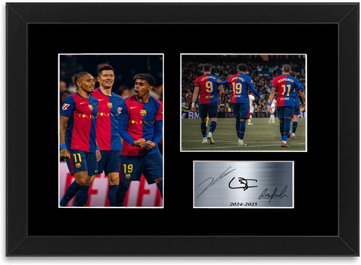 Yamal Lewandowski Raphinha 2024 Barcelona framed print by LJW Prints