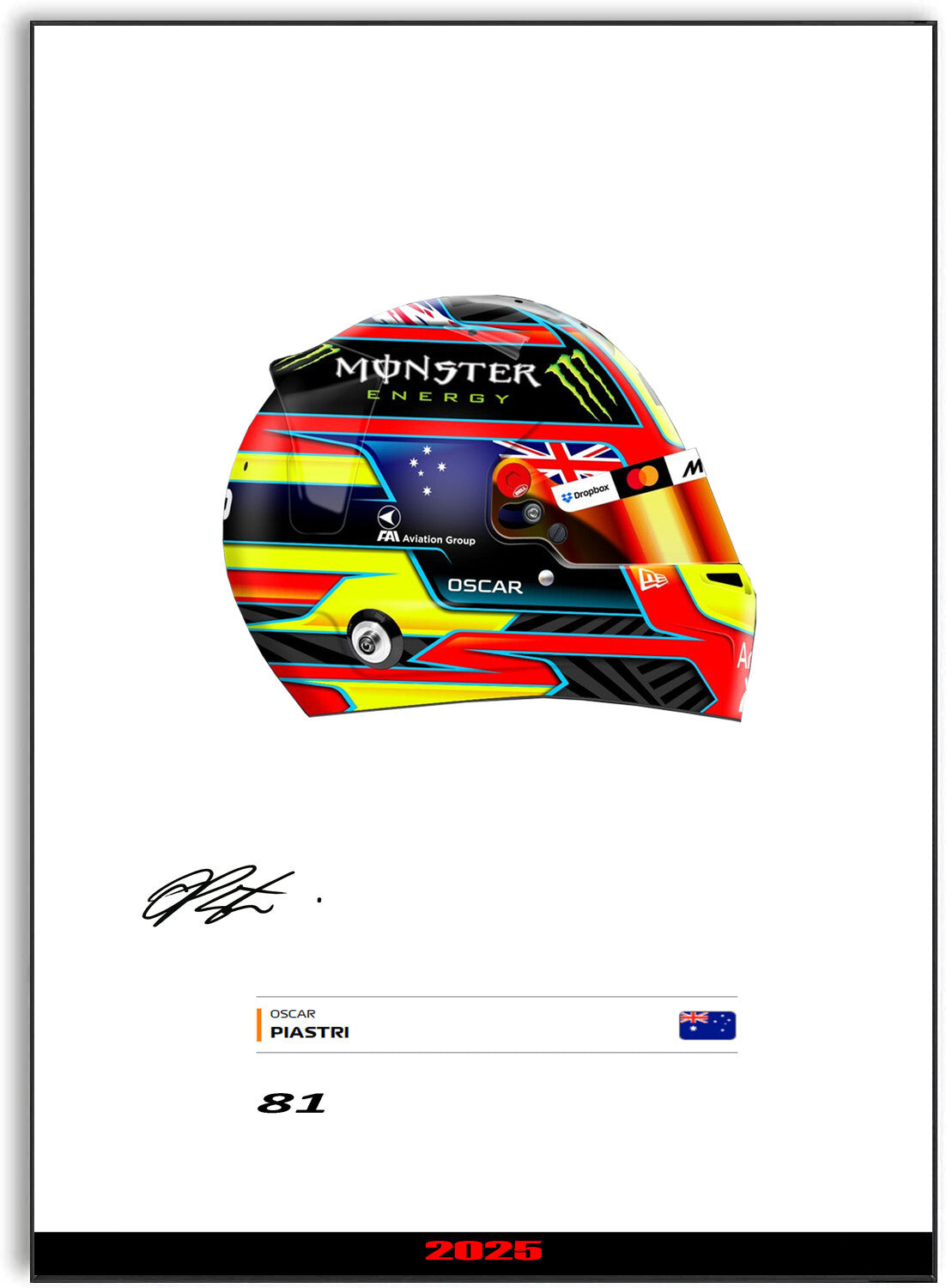 Oscar Piastri 2025 Helmet For Mclaren F1 Fans unframed poster by LJW Prints