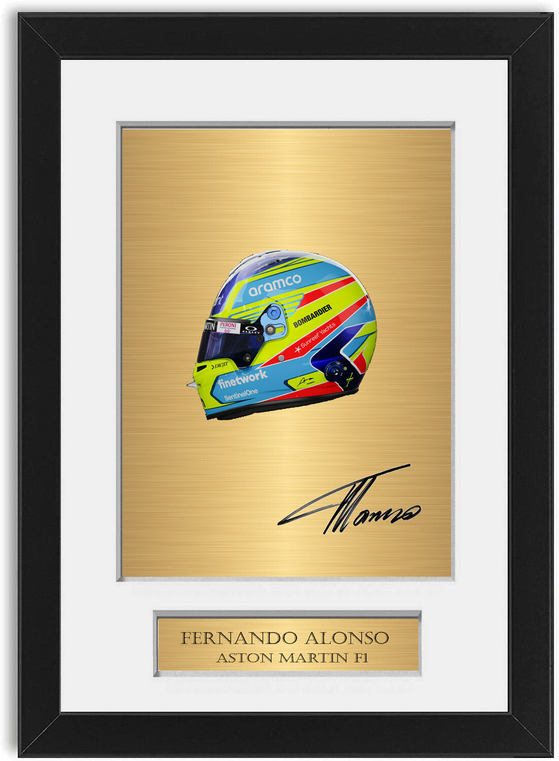 Fernando Alonso Aston Martin Formula 1 2023 Helmet Signed Poster A4 Black Framed