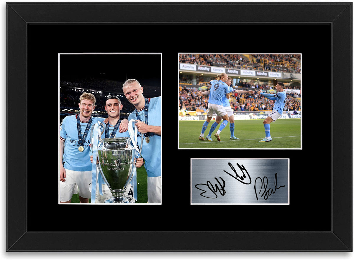 Haaland Foden De Bruyne Man City Player framed print by LJW Prints