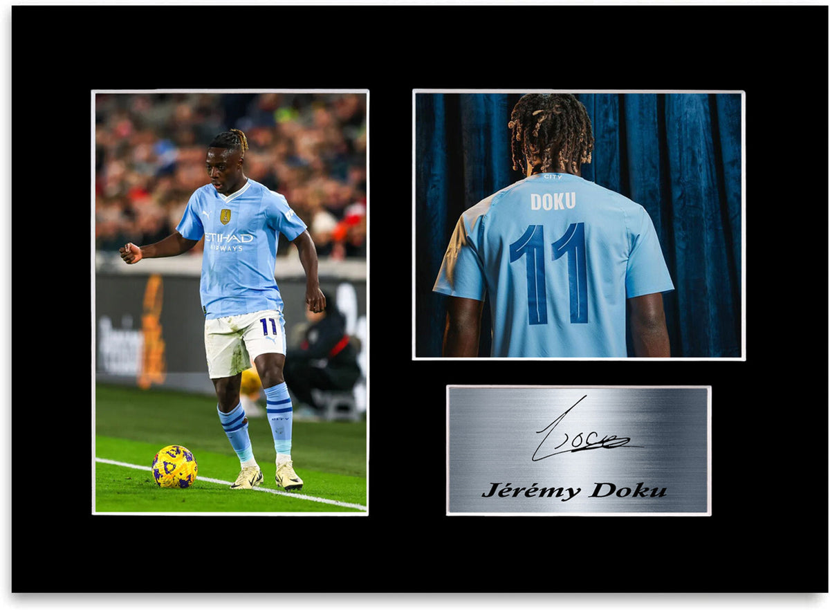 Jeremy Doku Man city Player mounted display by LJW Prints