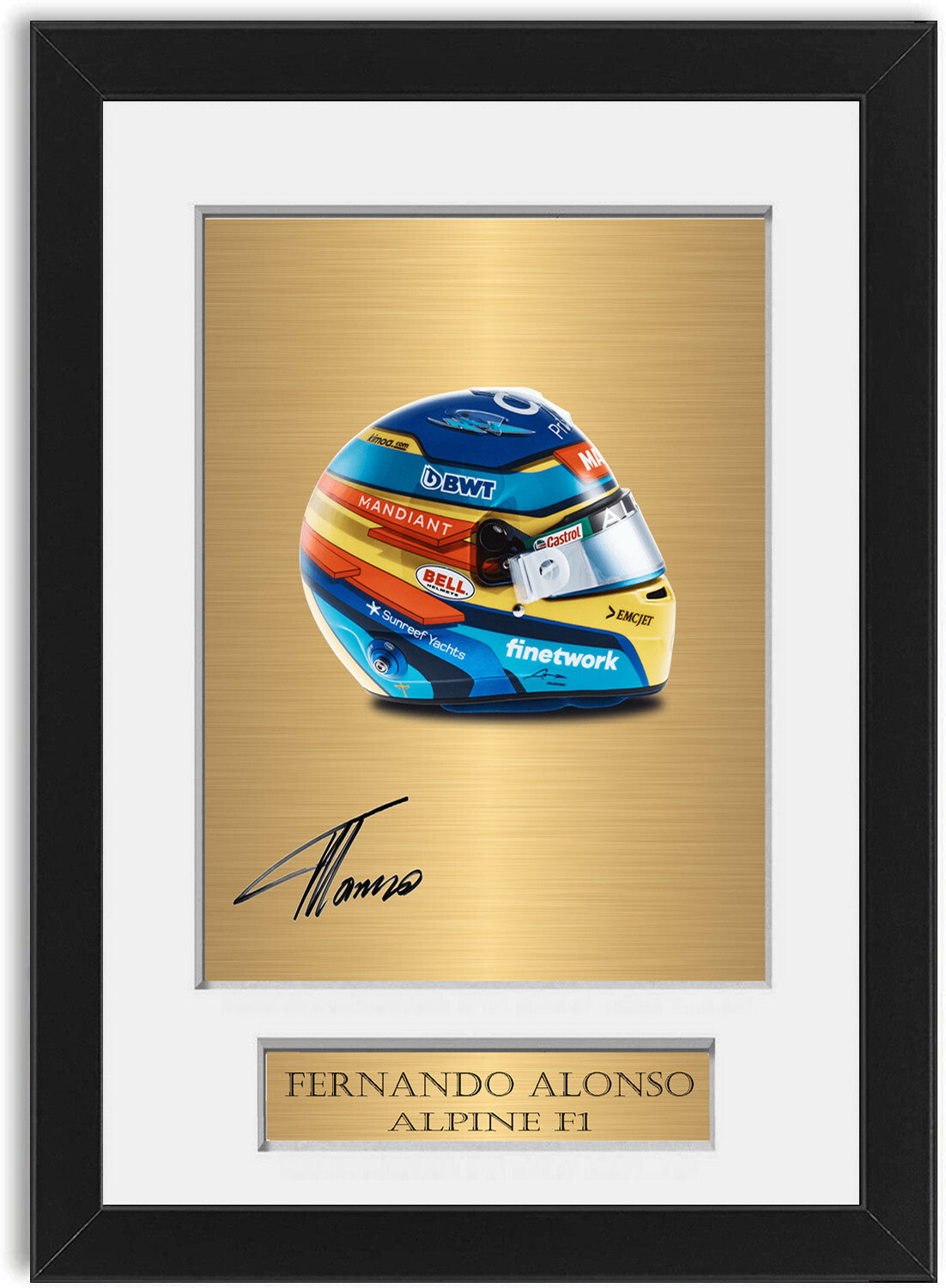 Fernando Alonso Alpine F1 Formula 1 2022 Helmet Signed Poster A4 Black Framed