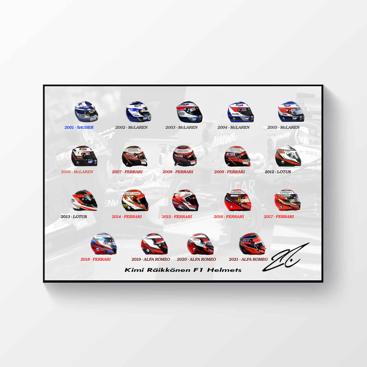 Kimi Raikkonen Tribute All F1 Helmets Signed Poster A4 Formula 1 Photo