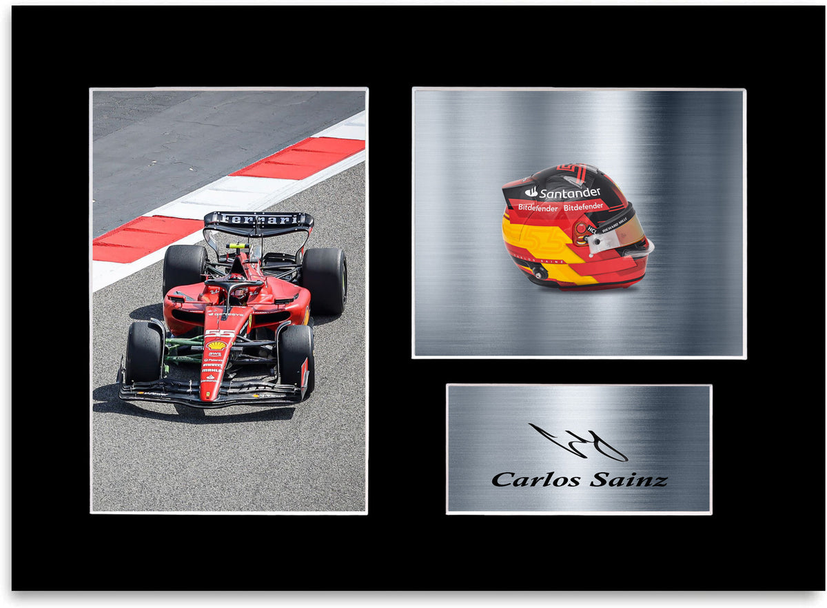 Carlos Sainz Ferrari F1 Driver 2023 Car Helmet Signed Photo Display Mount A4 #2