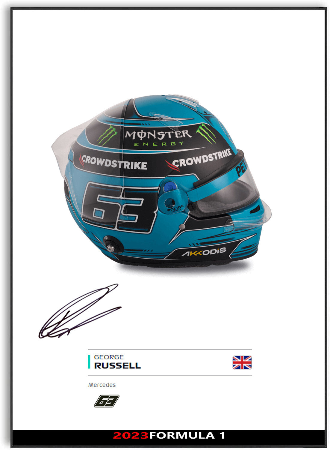 George Russell Formula 1 2023 Helmet Signed Poster A4