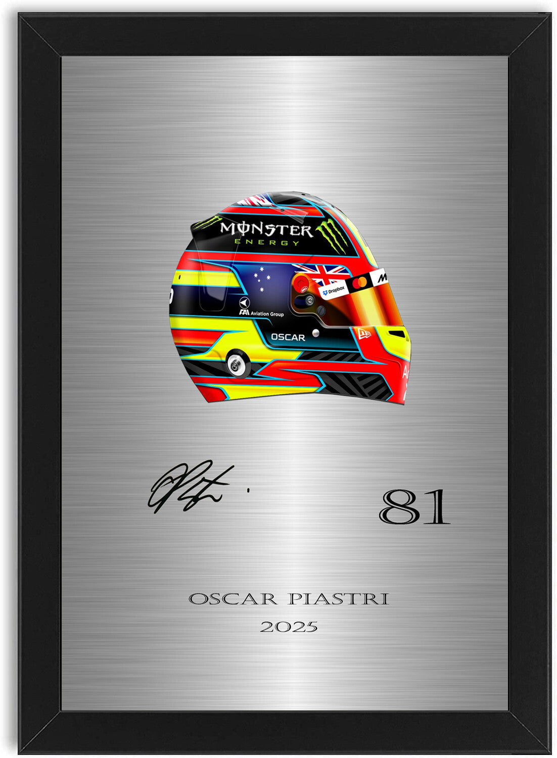 Oscar Piastri 2025 Helmet For Mclaren F1 Fans framed print by LJW Prints