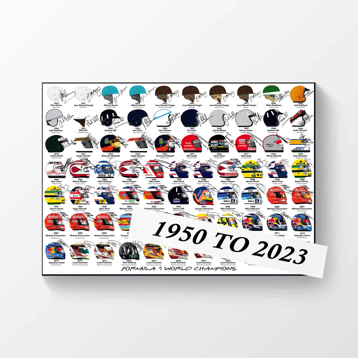 Helmets of Every Single F1 Champion in history 1950-2023 Poster A4 Signed Print