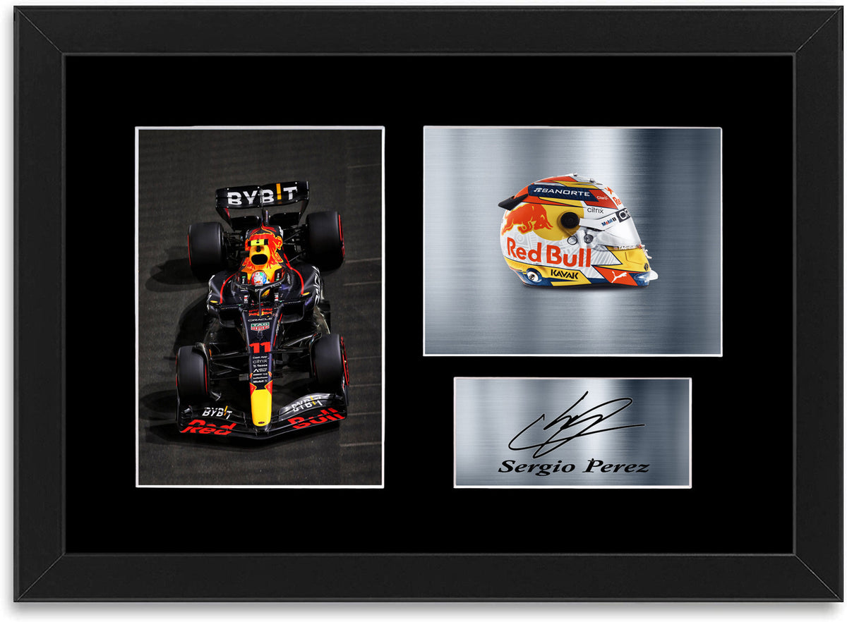 Sergio Perez Formula 1 2022 Car Helmet Signed A4 Photo Display Mount Framed 1