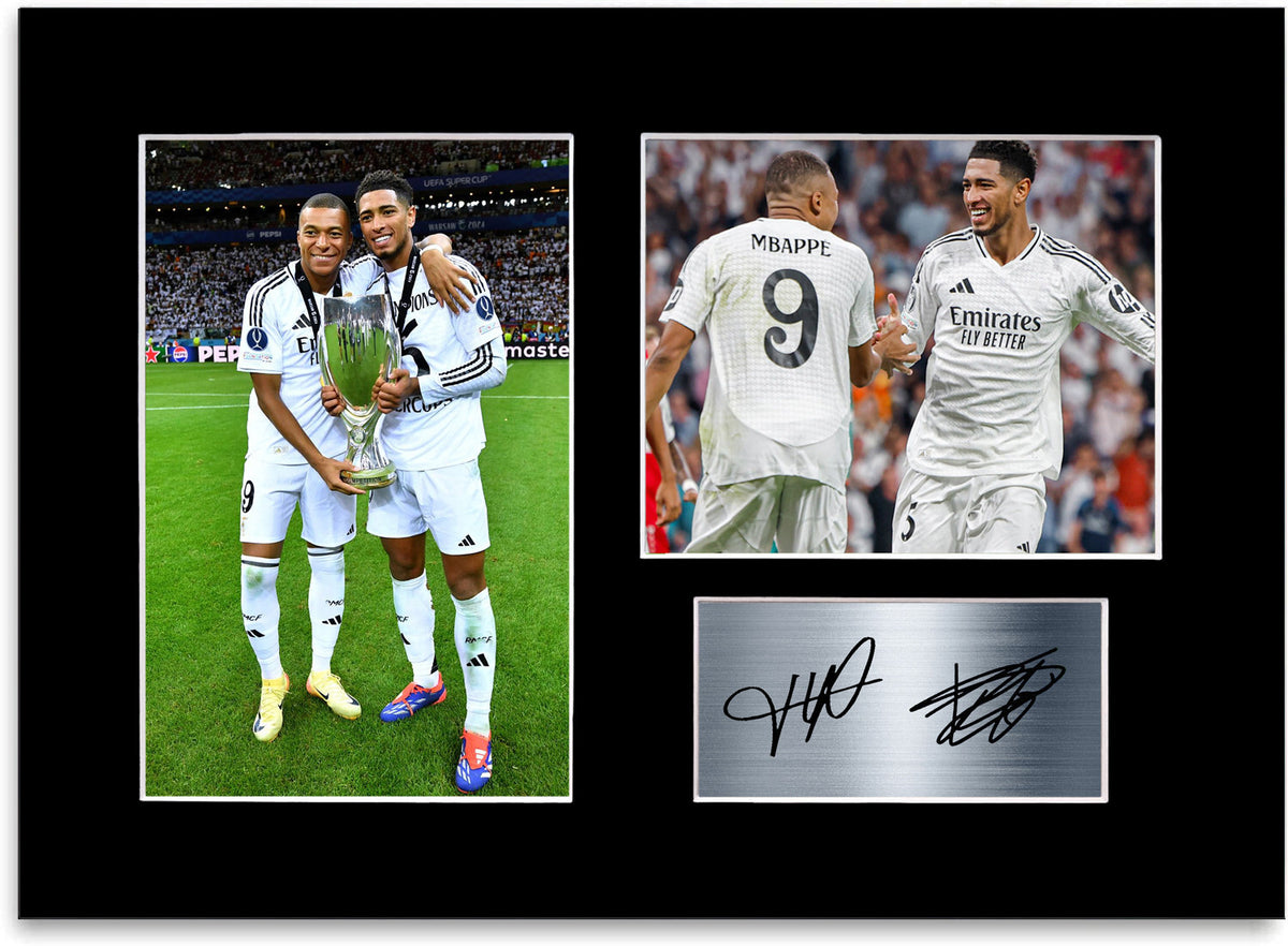 Jude Bellingham Kylian Mbappe Real Madrid mounted display by LJW Prints