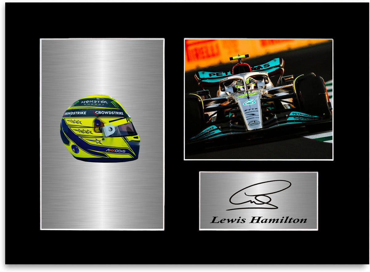 Lewis Hamilton Formula 1 2022 Car Helmet Signed Photo Display Mount A4 