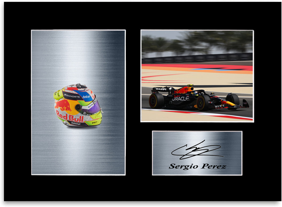 Sergio Perez Formula 1 2023 Car Helmet Signed Poster A4 Photo Display Mount