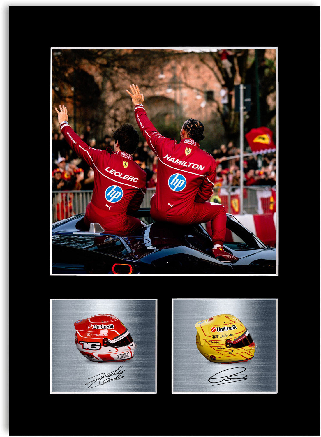 Lewis Hamilton And Leclerc For Ferrari F1 Fans mounted display by LJW Prints
