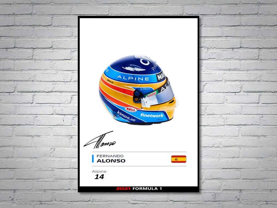 Fernando Alonso Alpine F1 Formula 1 2021 Helmet Signed Poster A4