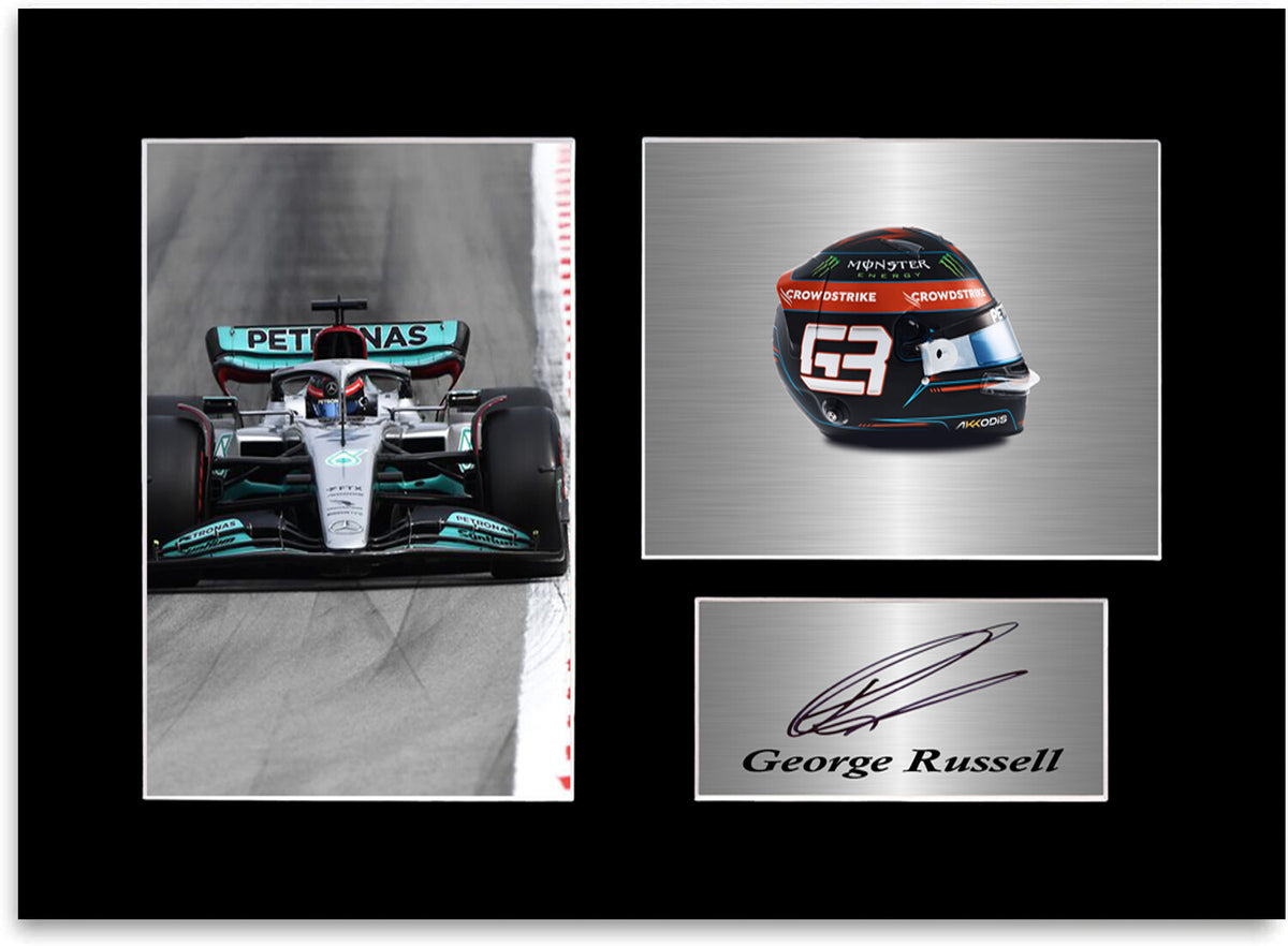 George Russell Formula 1 Driver Car Helmet Signed Photo Display Mount A4 2022 