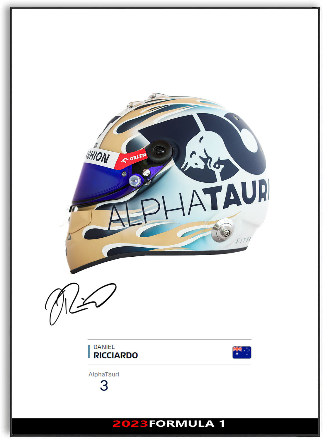 Daniel Ricciardo 2023 AlphaTauri Driver F1 Helmet Signed Poster A4