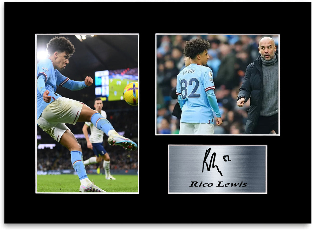 Rico Lewis Man City Player mounted display by LJW Prints
